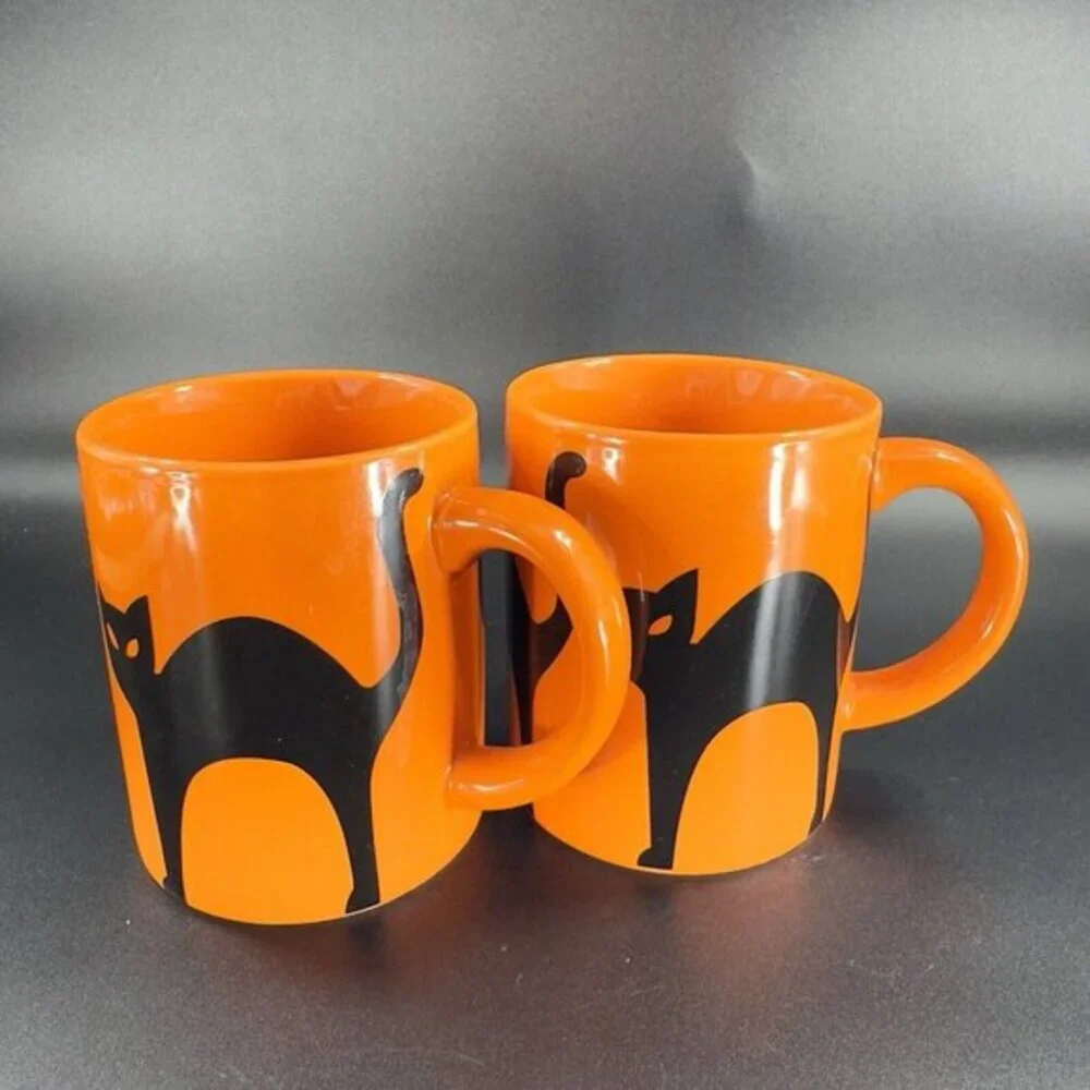 Crate & Barrel Orange Coffee Mug Cup Purple Black Halloween Cats Ceramic Set‎ 2